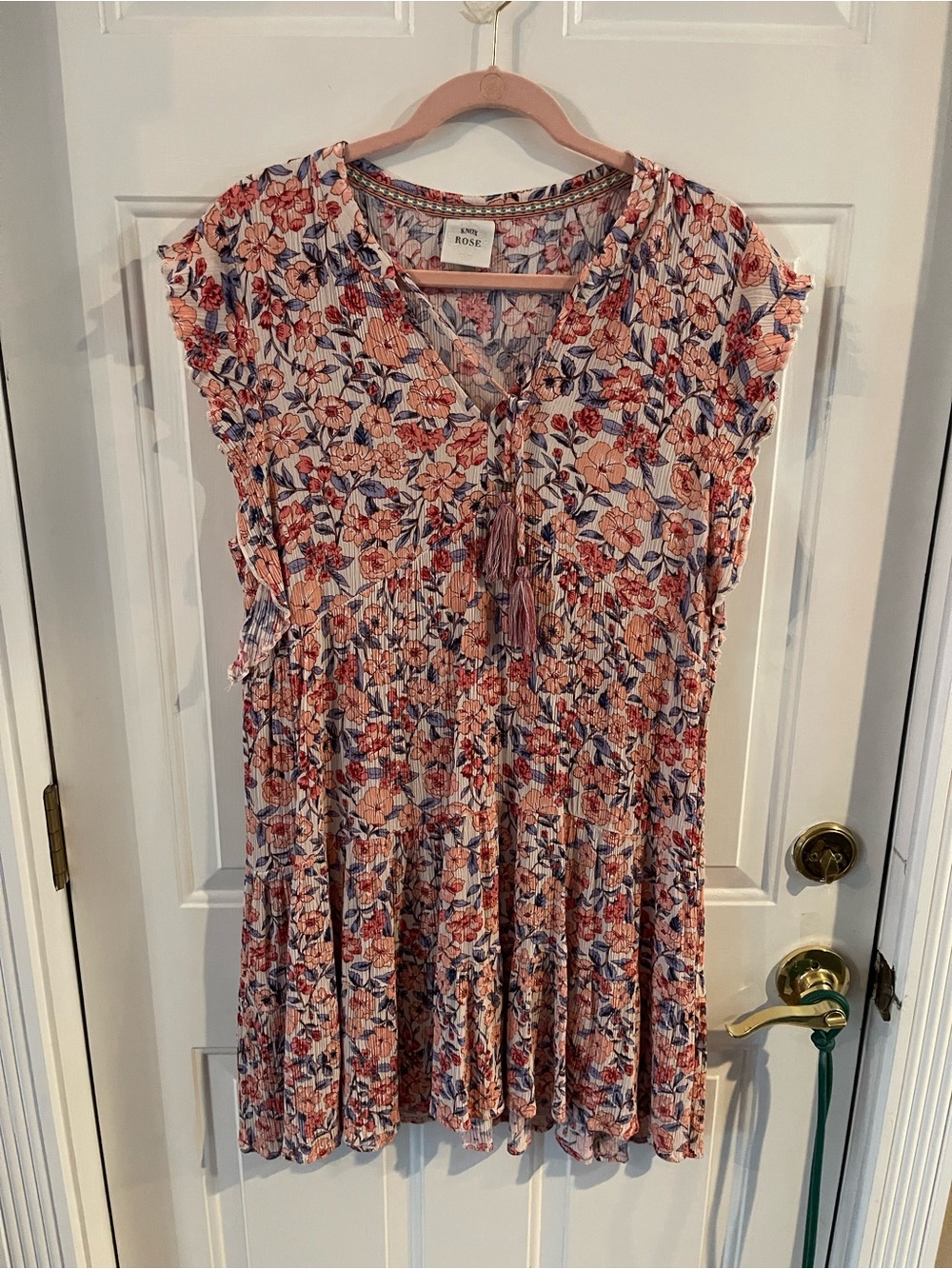 Knox Rose Peach and Blue Floral Smocked Midi Dress